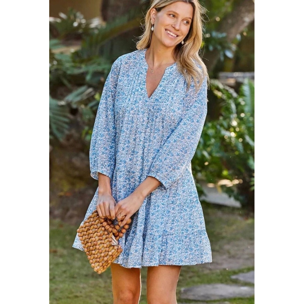 LAKE Eloise Tiered Mini Dress XL Blue Floral 100% Cotton Pockets Cottagecore